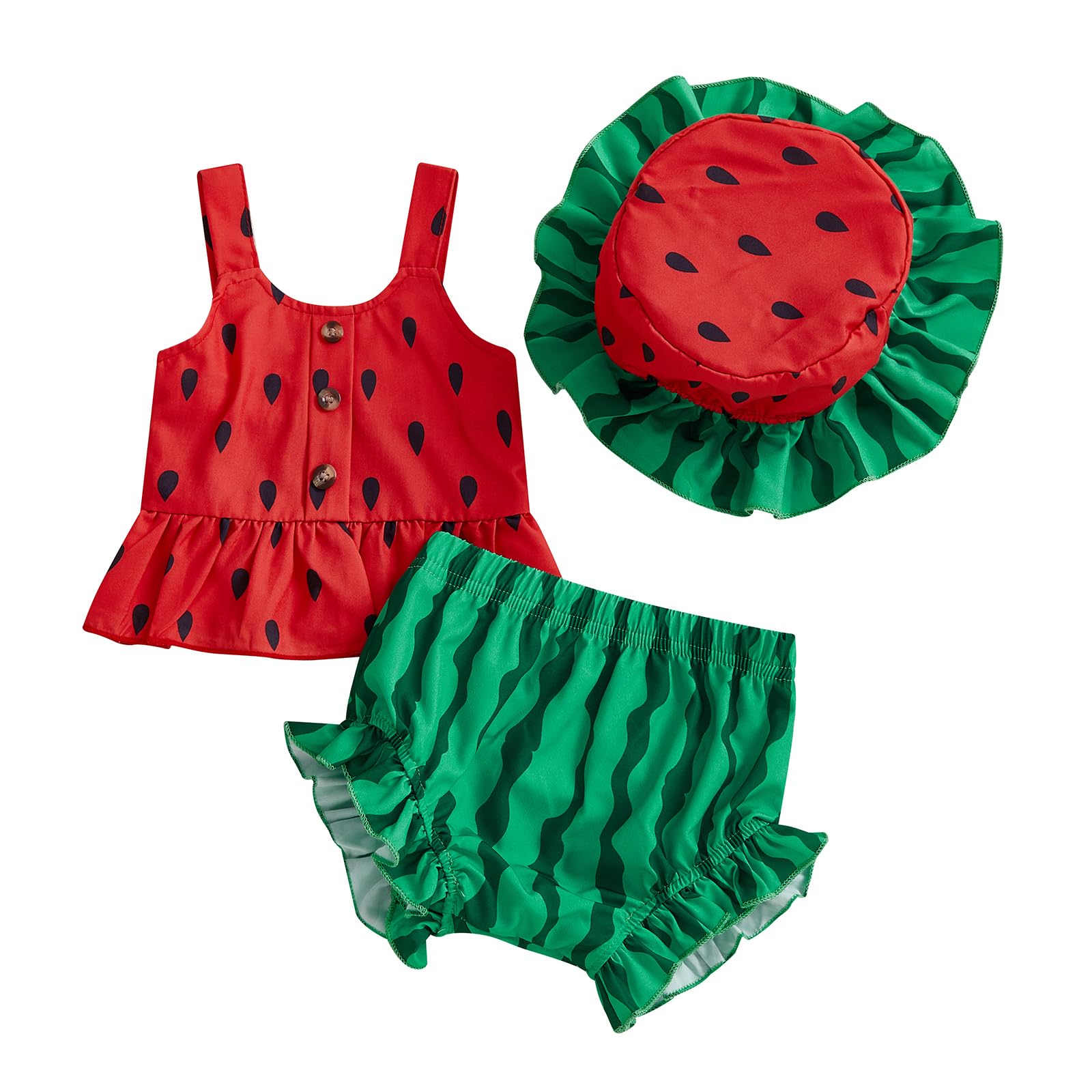 Photo 1 of Watermelon Outfit Baby Girl Bloomers Set Smocked Ruffle Tank Top Shorts Set Watermelon Toddler Clothes with Hat (Green, 12-18 Months)