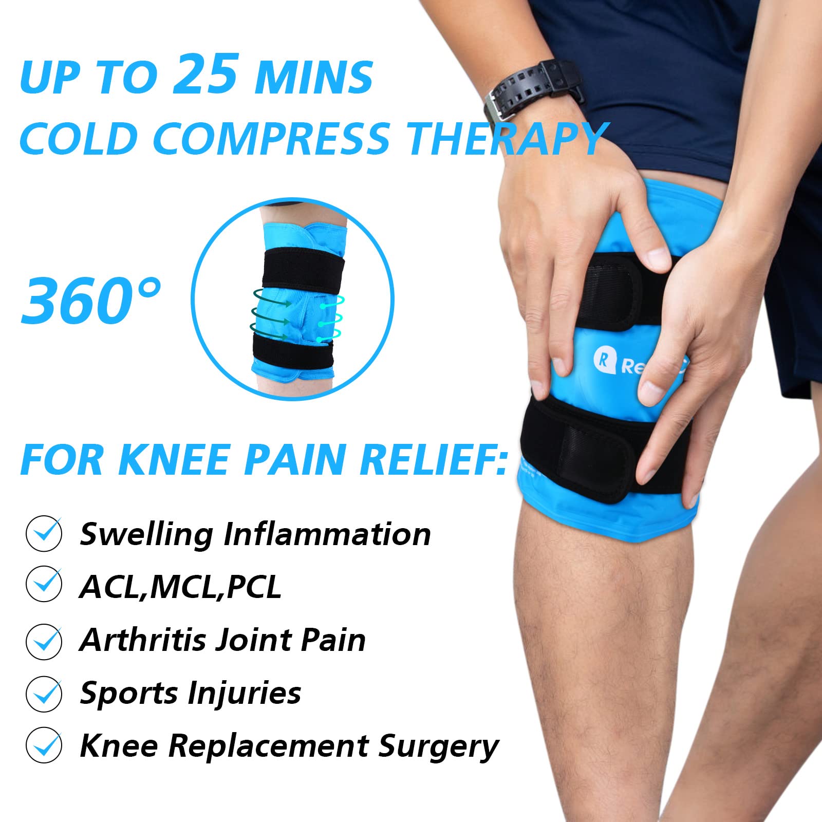 RelaxCoo XXL Knee Ice Pack Wrap, Reusable Cold Pack for Knee Injury Pain and Swelling Relief