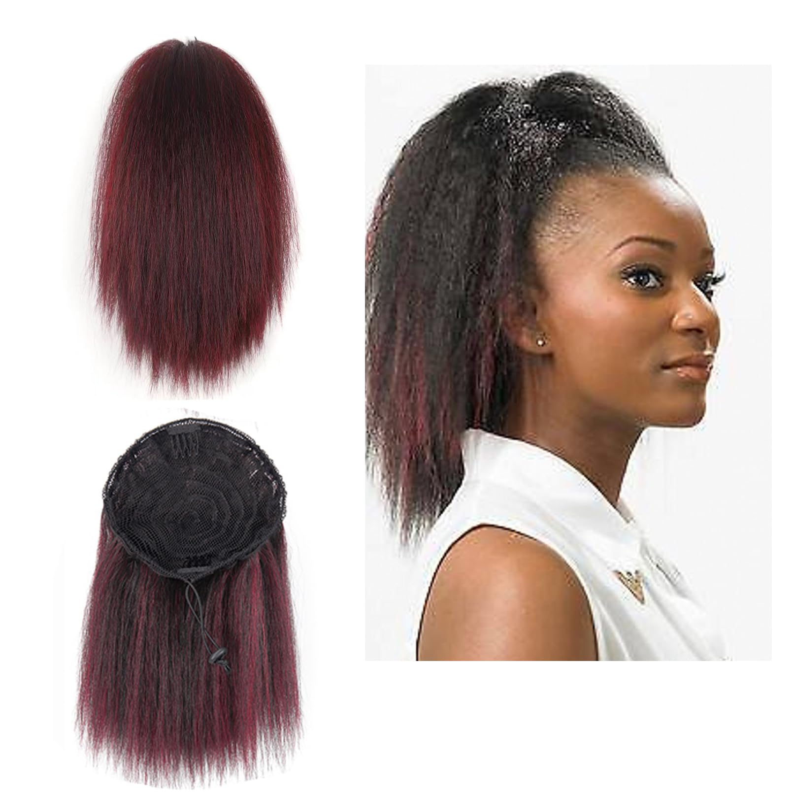 10inch Short Afro Kinky Straight Ponytail Wrap Around Yaki Straight Pony Tails Extensions Clip in Ponytail Extension Magic Paste Ponytail for Black Women Girls (Black to Burgundy)