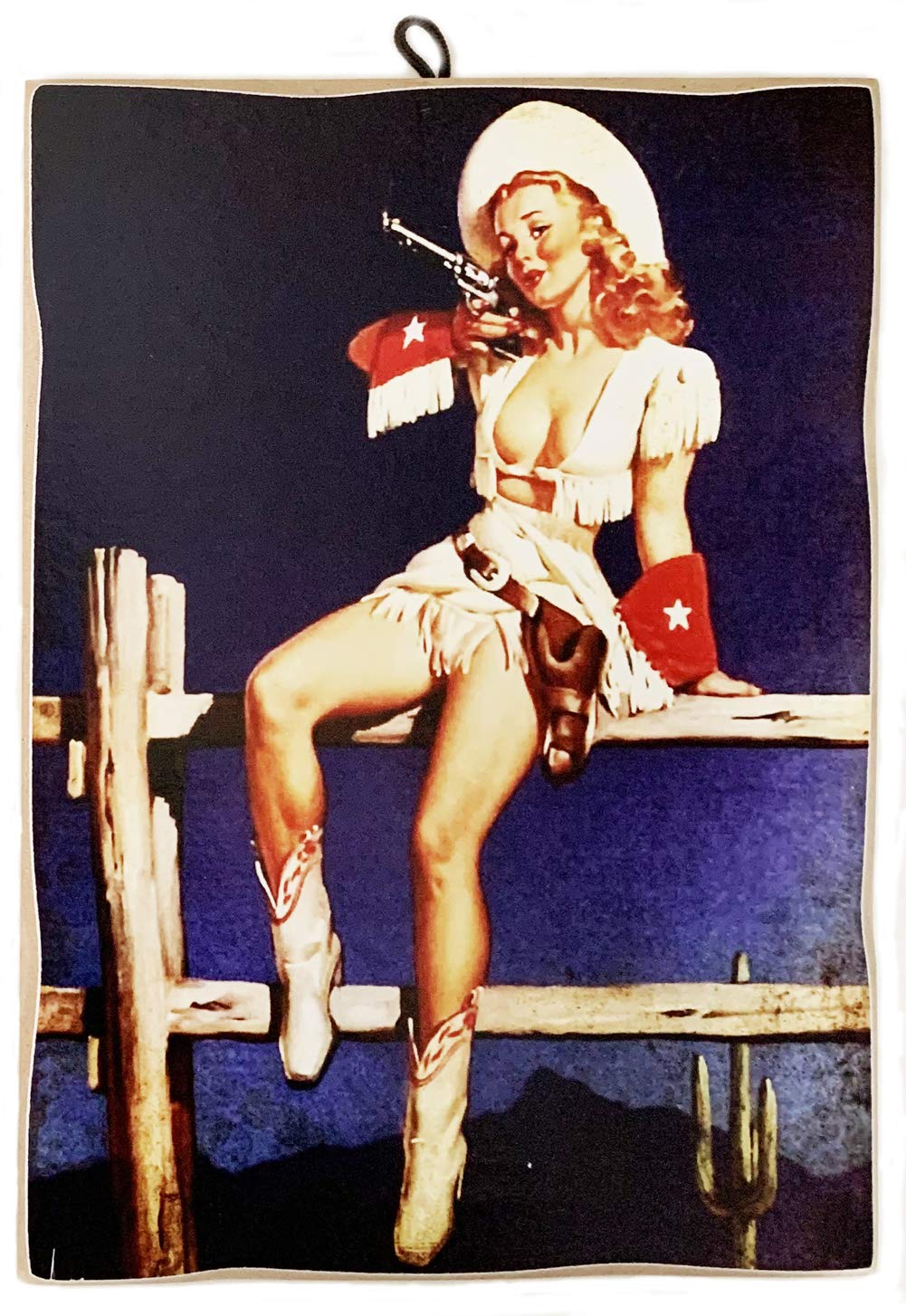 KUSTOM ART Painting Painting Vintage Style Pin Up Cowgirl Collectible Gun Wood Print