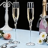 Jozen Gift Gold Champagne Flutes - Set of 2 Hand Blown Champagne Glasses wtih Metal Accent LOVE- Gifts for Birthday,Wedding, Mother’s Day - 6 oz (Chic, Gold)