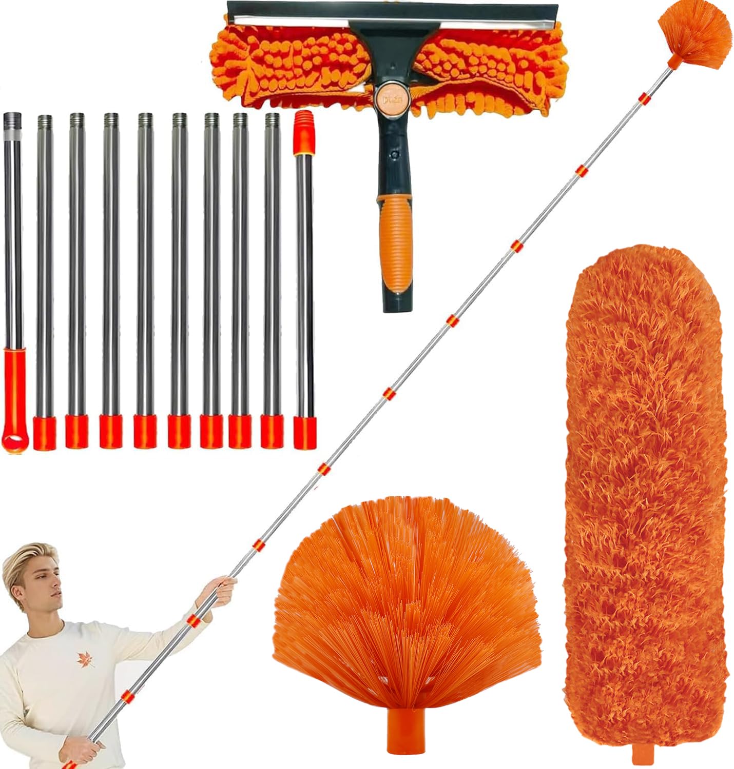Photo 1 of 20+ Feet High Reach Dusting Kit with 3-14 ft Extension Pole //2 in 1 Window Cleaning Kit // High Ceiling Duster // Cobweb Microfiber Duster // Outdoor & Indoor Extendable Duster Cleaning Kit