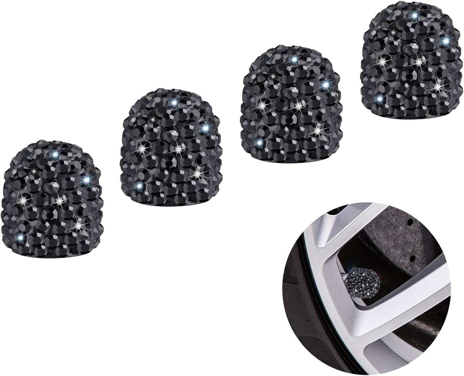 Valve Stem Caps, QBeel 4 Pack Handmade Rhinestone Tire Valve Caps Crystal Universal Tire Caps for Car Wheels - Black