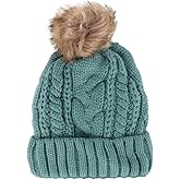 CTM Women's Cable Knit Lined Winter Beanie with Synthetic Fur Pom