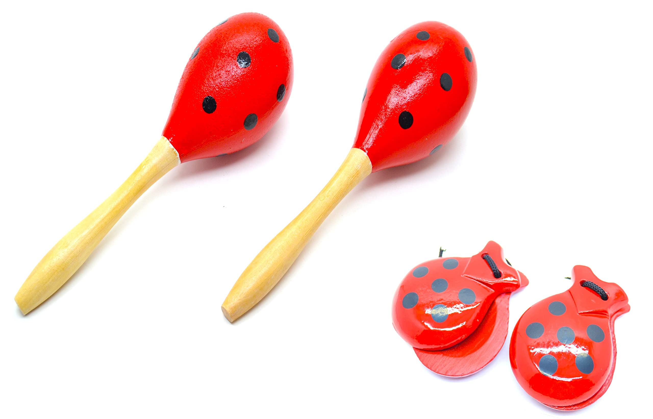 Maracas and Castanets Adult Red and Black, Complete Musical Set of Spain, Red Polka Dot Color, Spanish Traditional Colors, Rumba Stirrers Tracketing Hand Percussion