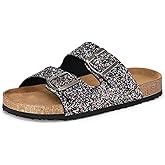 mysoft Womens Flat Sandals Cork Footbed Slides 2 Straps Adjustable Buckle Slip On Summer with +Comfort Shoes
