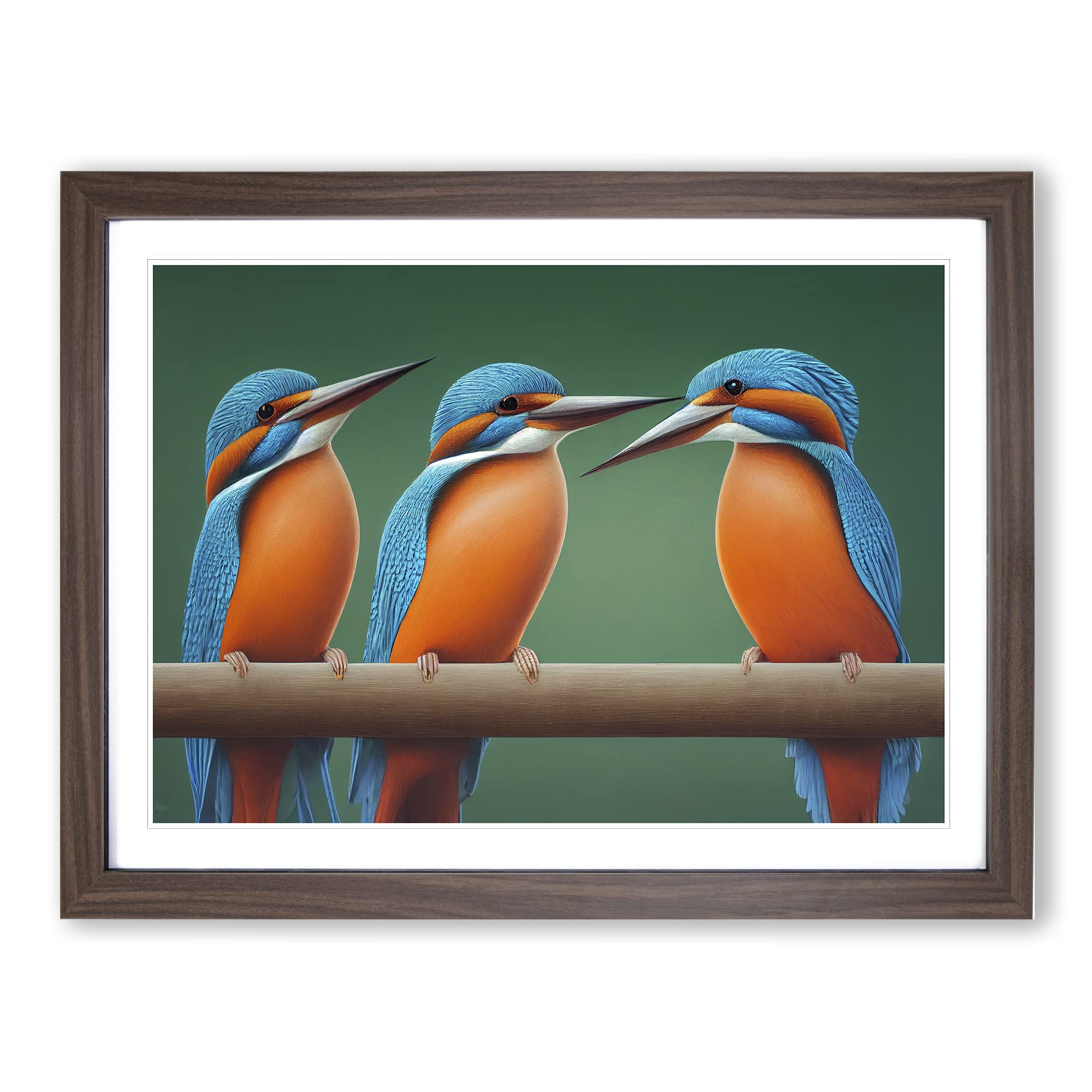 Welcoming Kingfisher Birds Framed Print | A4 Walnut Framed Wall Art | Ready to Hang | Modern Nature Picture | Living Room Bedroom Lounge Office