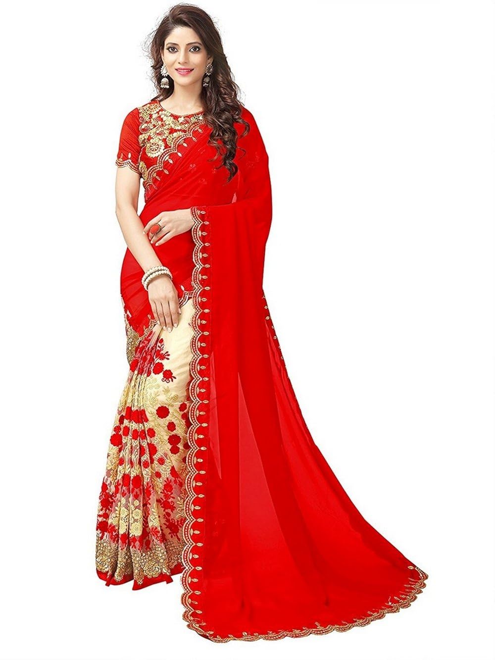 netra fashion women's georgette net saree with blouse piece (nfs1149_2018, red, free size)