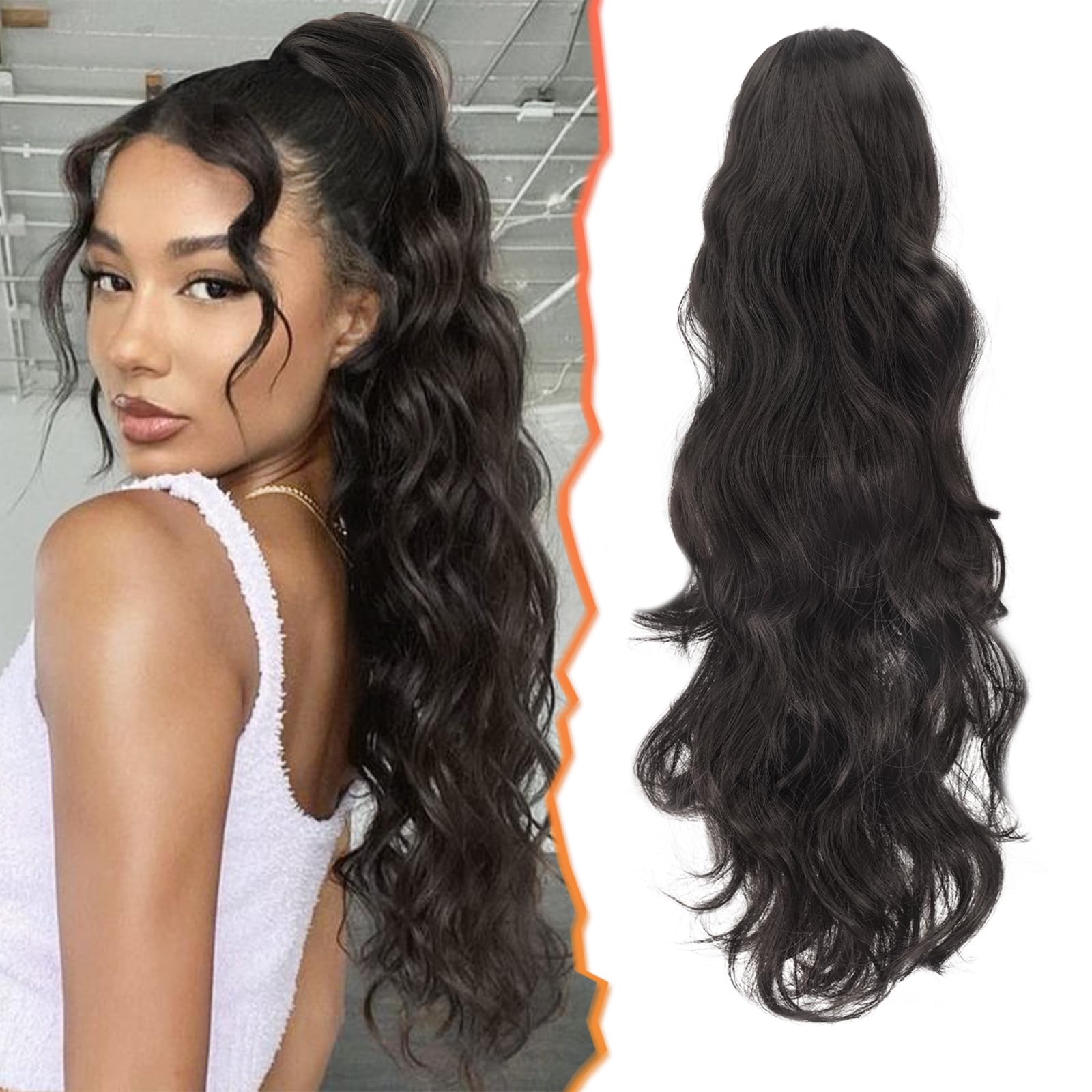 BARSDAR Ponytail Hair Extensions, Long Wavy Claw Clip in Ponytail Extension Natural Synthetic Ponytails Hairpiece for Women Daily Use Party Halloween(20'', Dark Brown)