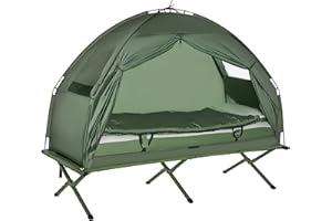 Outsunny Camping Tent Cot, 4-in-1 Folding Tent Cot Combo with Mattress, Pillow, Sleeping Bag, Roller Carrying Bag, Off Ground Travel Camp Cot for Hiking, Backpacking, Picnic