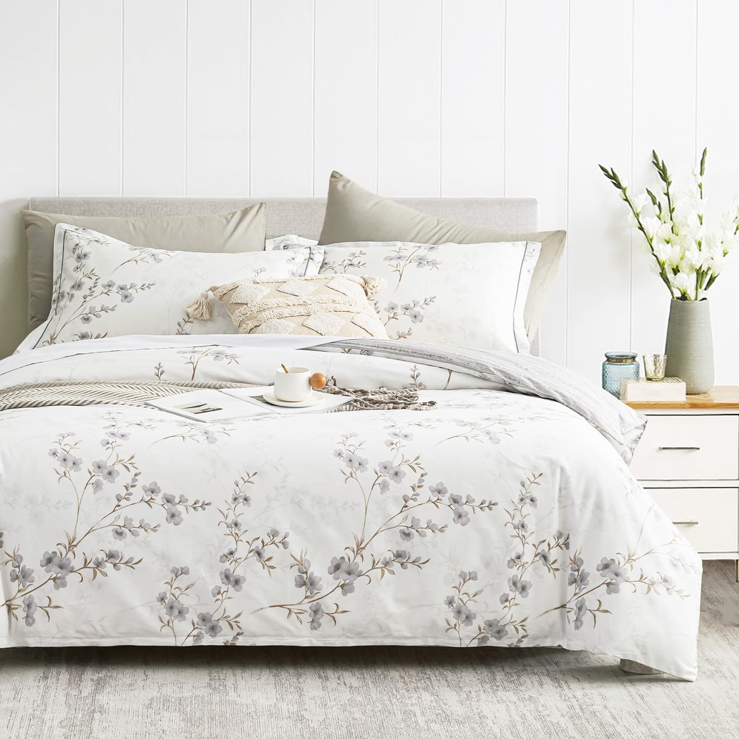 Photo 1 of LEMIROE Vintage Botanical White Cotton Comforter Queen Size - Elegant Gray Flowers and Taupe Branches on White, Light Gray Striped Back, 3PC Lightweight Bedding Set with Ultra-Soft Alternative Fill