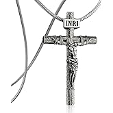 ZENLUNANO Catholic Crucifix Necklace for Men and Women, Antique Silver Cross Necklace with Exquisite Jesus Pendant, 18~30" Stylish Stainless Steel Snake Chain, Christian Jewelry Gift