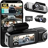 BOTSLAB 3 Channel Dash Cam 4K with 128GB Card, 3.18" Touch Screen, Voice Control, 4K Dash Cam Front and Rear Inside Loop Recording, 5.8GHz WiFi, GPS, Night Vision, WDR, Parking Mode