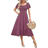 AUSELILY Women's Summer Empire Waist Dress Smocked Flutter Short Sleeve Square Neck Midi Dresses 2026 New