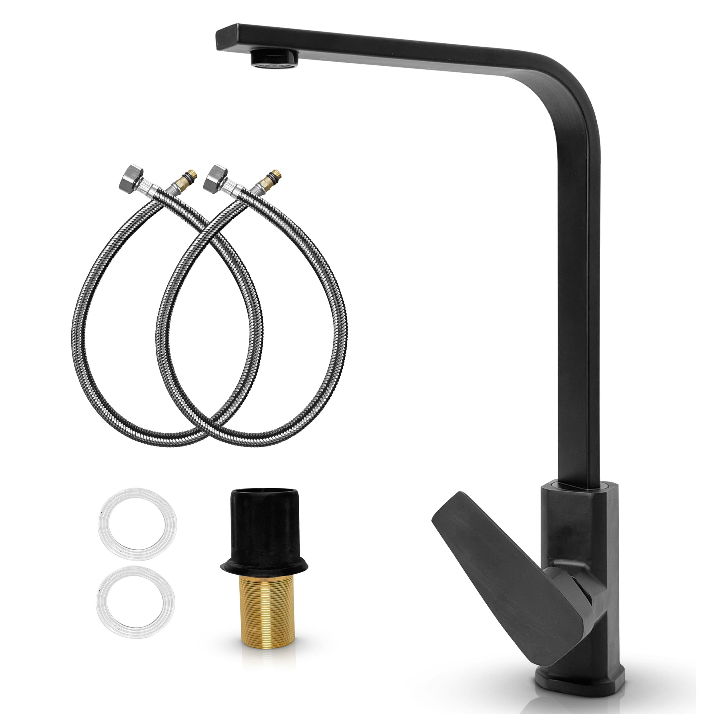 MSC Gooseneck Modern Black Kitchen Taps with 360° Swivel Spout - Kitchen Mixer Tap for Kitchen Sink with 1 Hole Single Lever, Stylish and Durable Kitchen Faucet - BlKTap