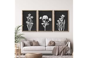 FLOWTORELY Flower Plant Wall Art Decor 24"x16" Set of 3 Black And White Botanical Painting Wood Framed For Minimalist Bedroom Office Rustic Living Room Abstract Wildflower Sign Hanging (Wood Black)