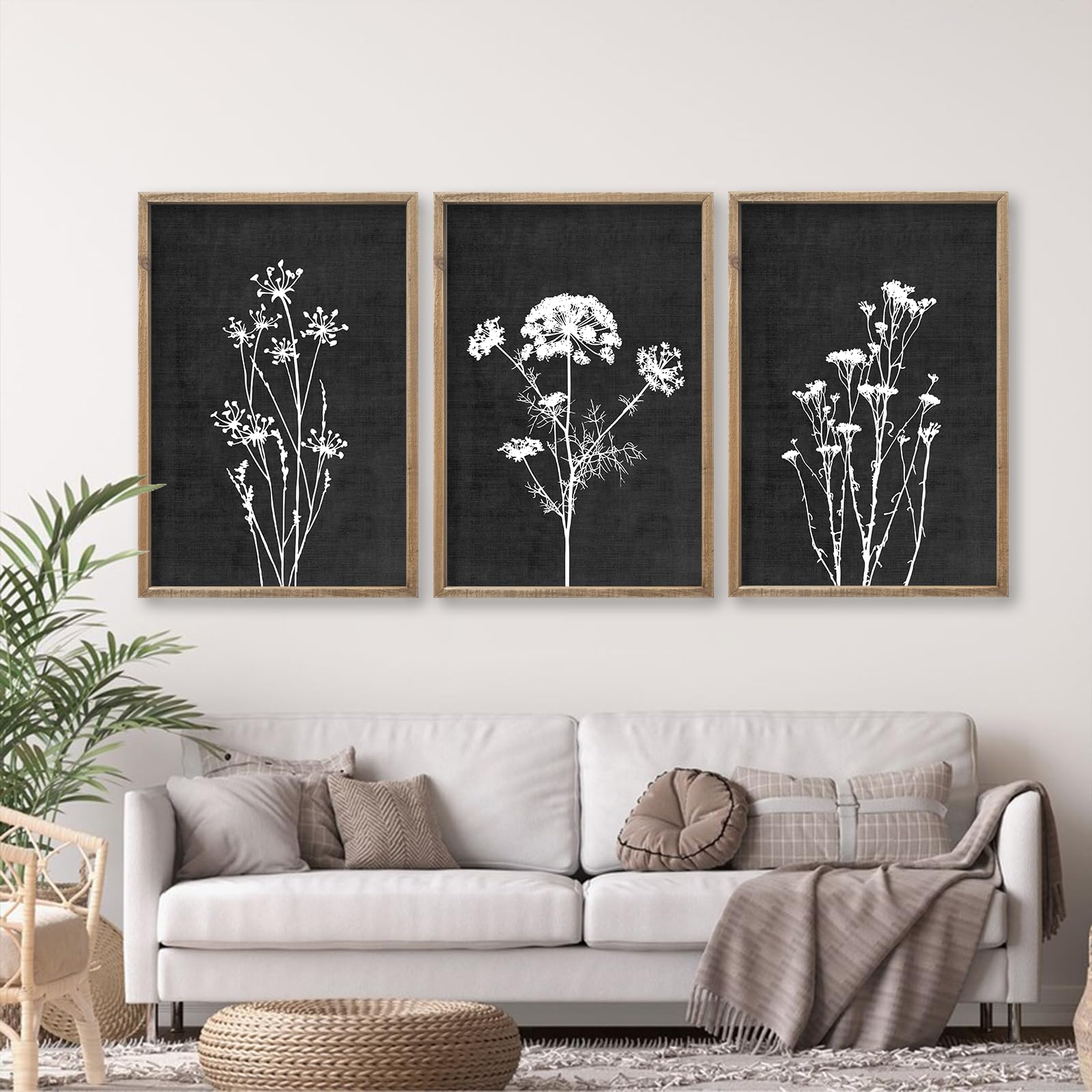 Photo 1 of Flower Plant Wall Art Decor 16"x11" Set of 3 Black And White Botanical Painting Wood Framed For Minimalist Bedroom Office Rustic Living Room Abstract Wildflower Sign Hanging (Wood Black)