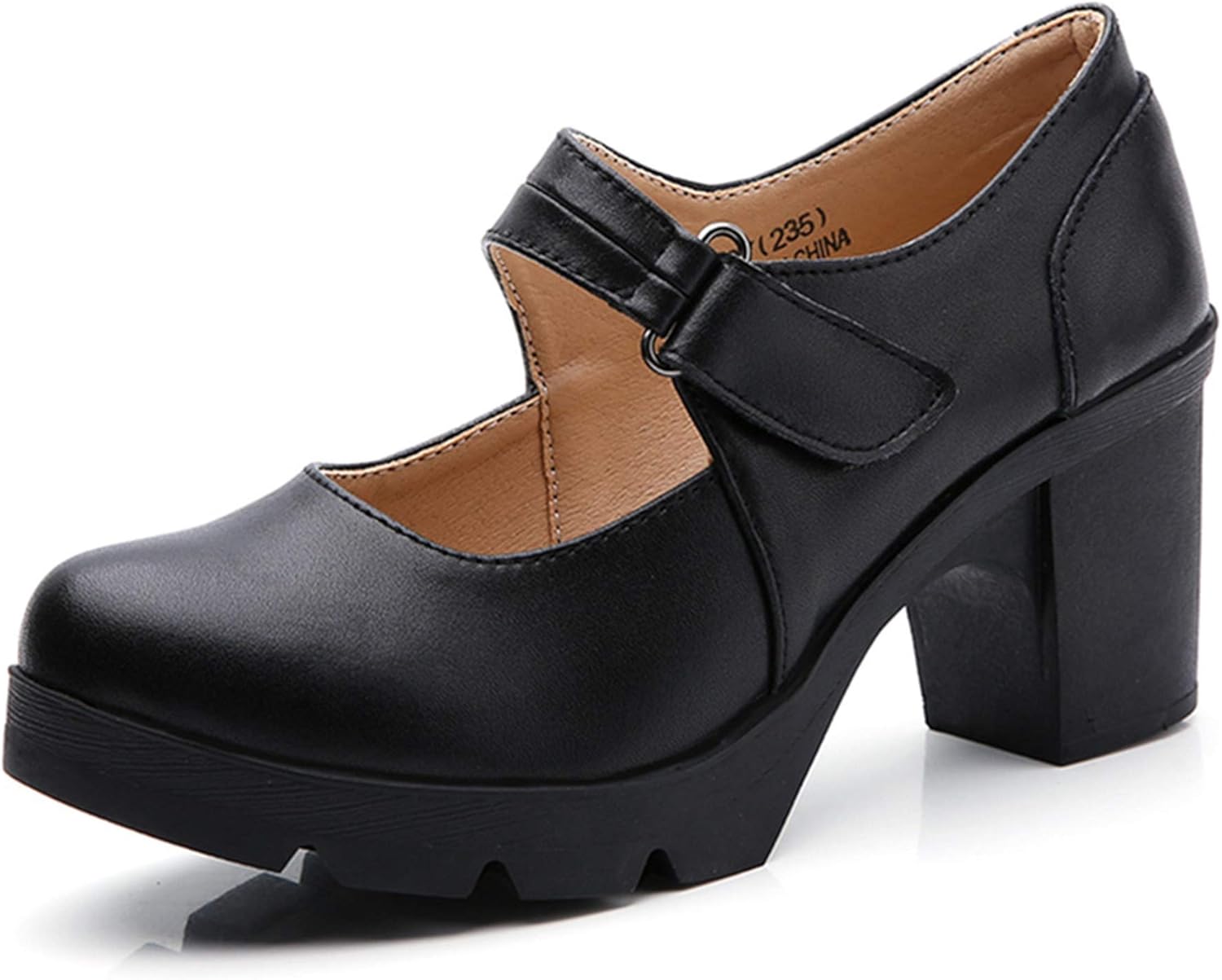 DADAWEN Women�s Leather Classic Mid Heel Mary Jane Square