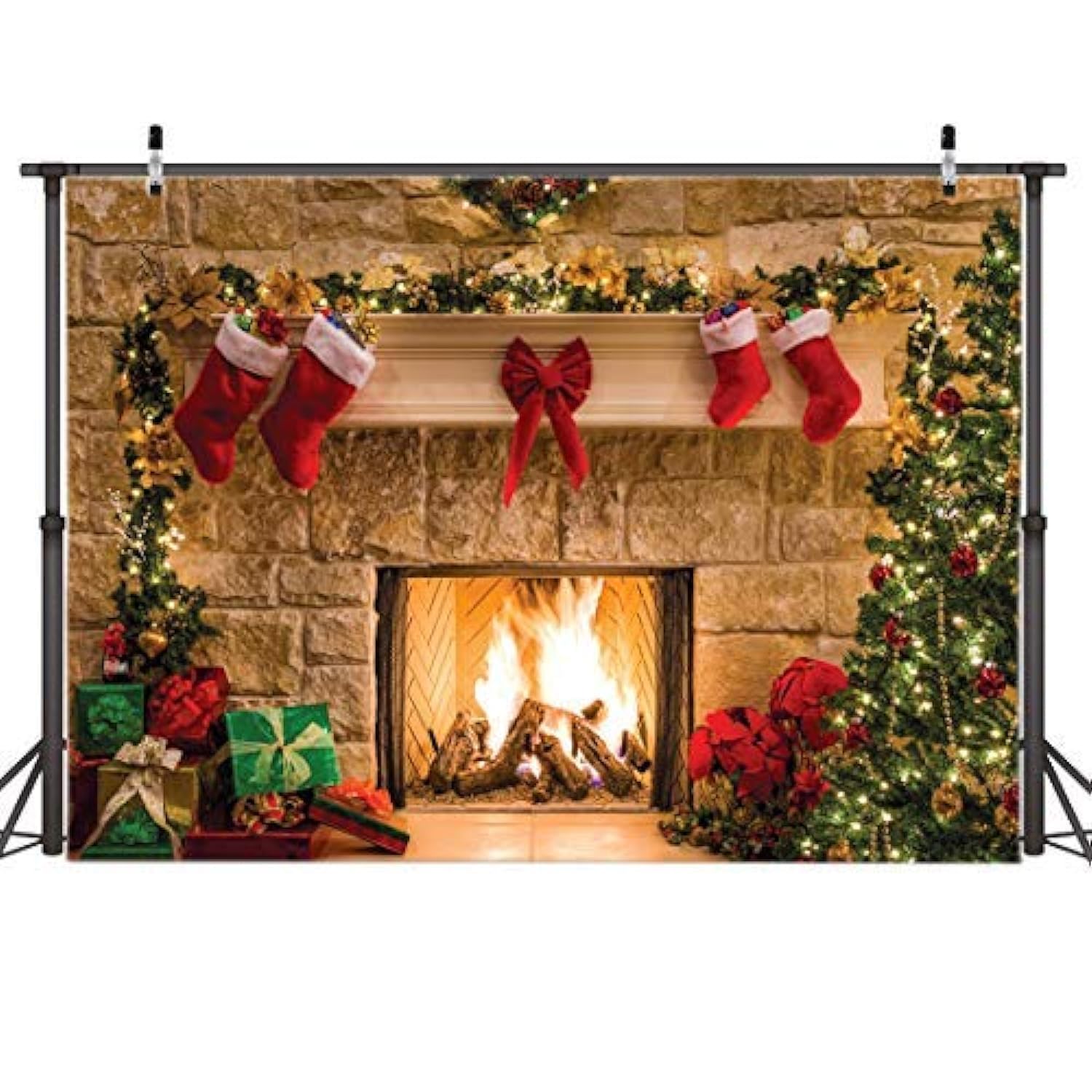 AIIKES 8x6FT Merry Christmas Backdrop Tree Sock Gift Family Party Decorations Backdrops Happy New Year Xmas Fireplace Theme Photography Background Pictures Banner Studio Decor Booth Props 11-209