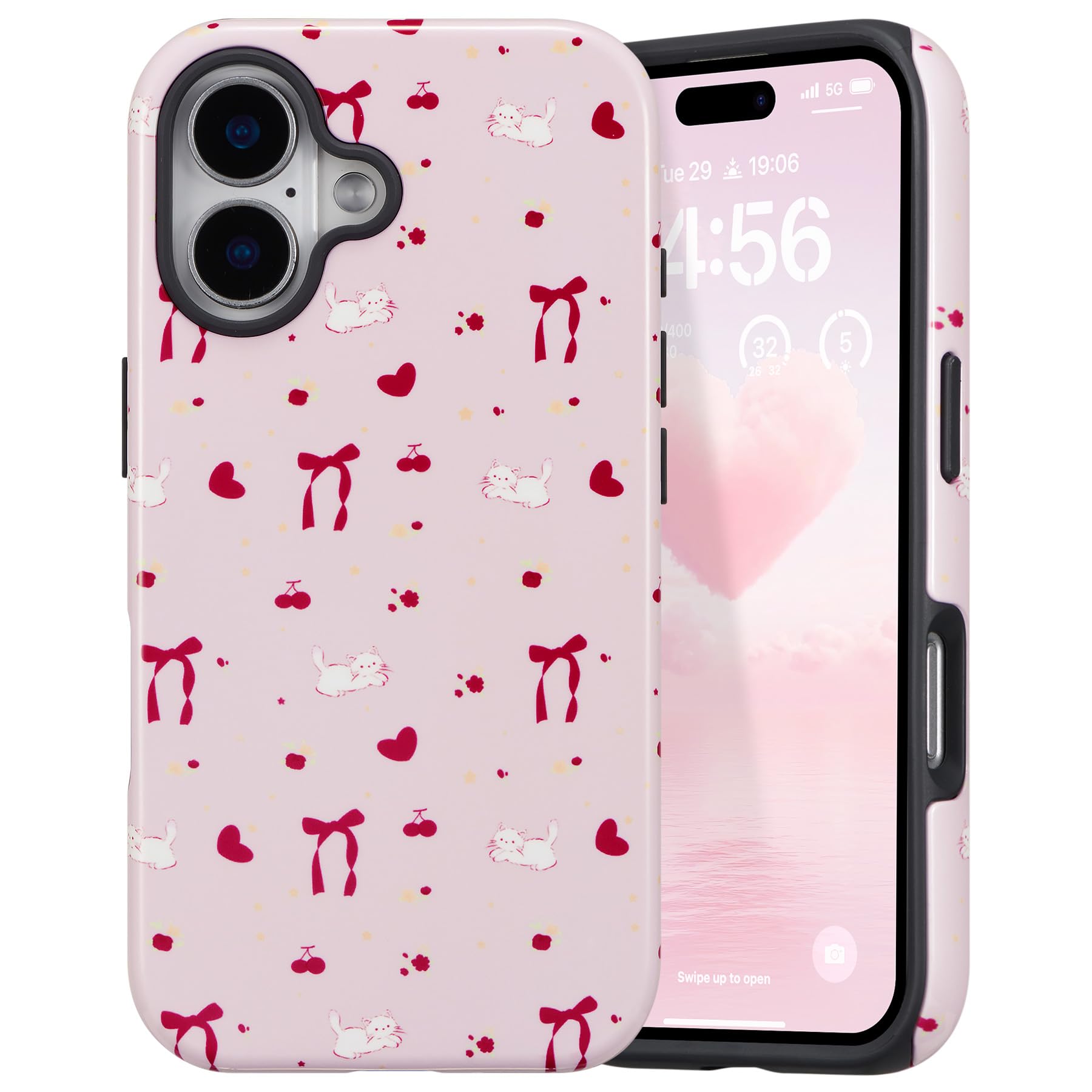 DEFBSC Case for iPhone 16, Cute Pink Bow Heart Print Aesthetic Trendy Pattern for Women Girls Slim Durable Bumper Shockproof for iPhone 16 Case, Cat/Glossy