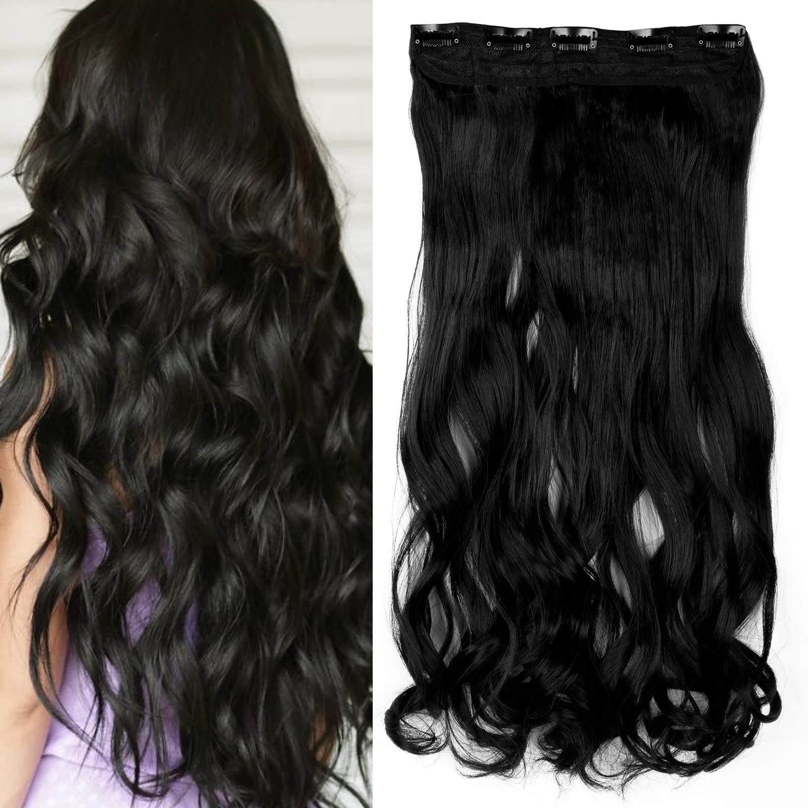 S-noilite Fashion One Piece Clip in Hair Extensions Half Full Head 5 Clips Curly Wavy Hairpiece 24 Inches(60cm)- Dark Black