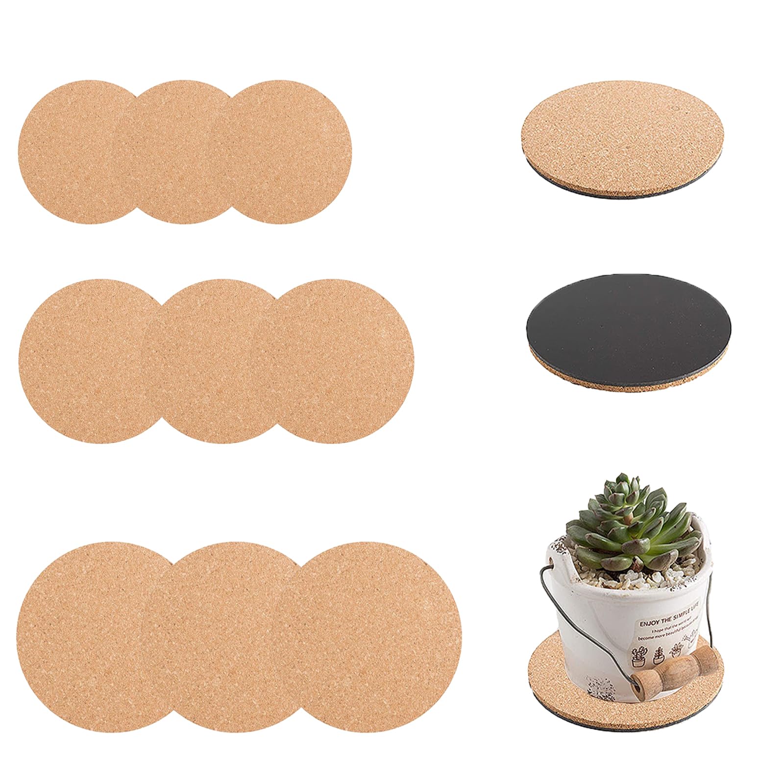 Cork Plant Coasters, 9 Pieces Round Cork Plastic Pads, 6/8/10 Inch Waterproof Cork Mat for Gardening Indoor Outdoor Pots DIY Craft Project