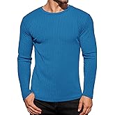 Ekouaer Men's Long Sleeve Shirts Ribbed Pullover Tees Sim Fit Thermal Tops Crew Neck Stretchy Undershirts S-3XL