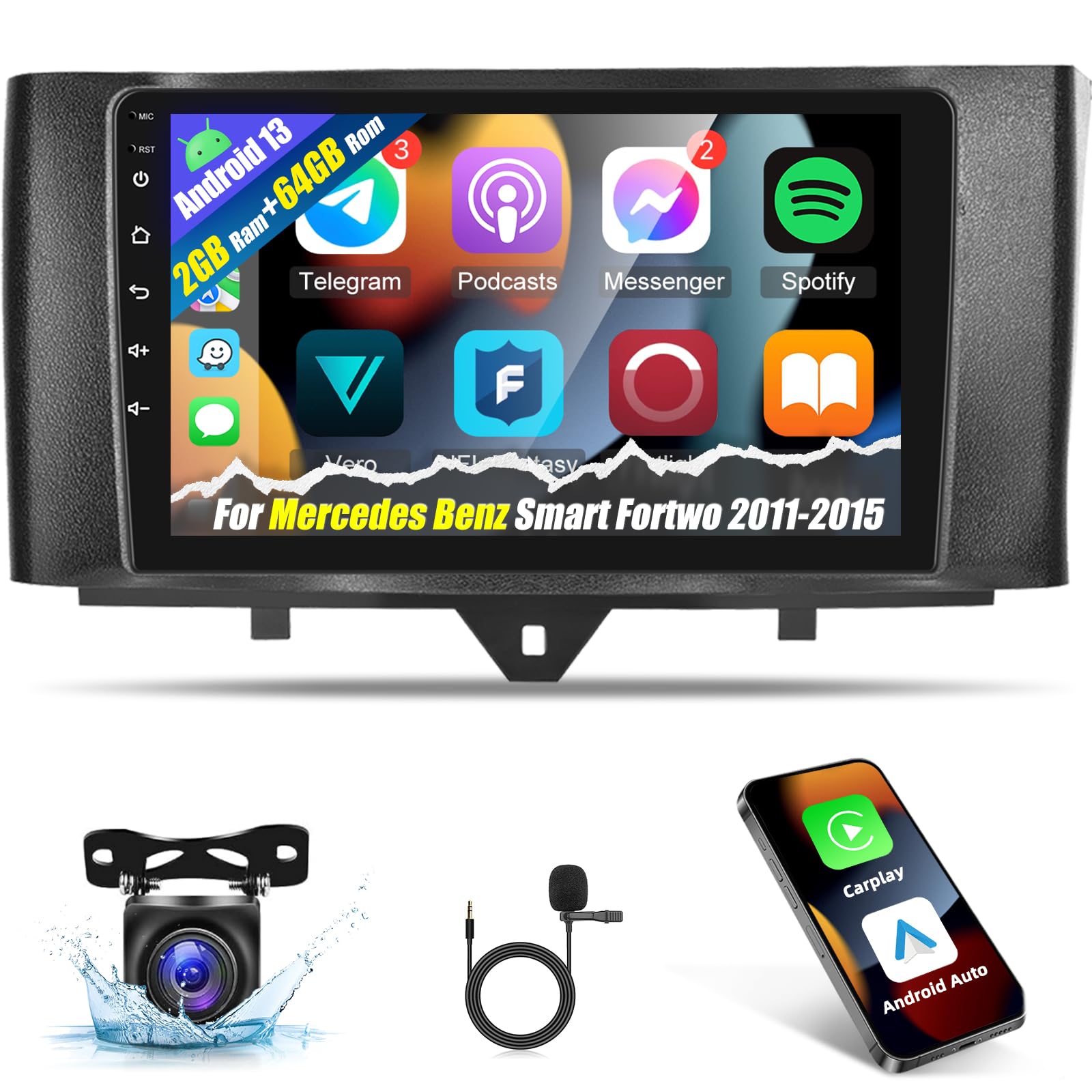 for 2011-2015 Mercedes Benz Smart Fortwo Radio, [2G+64G] 9 inches Touch Screen Android Smart Fortwo Car Stereo, Carplay/Android Auto/1080P/DSP EQ Audio/Bluetooth