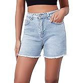 Metietila Casual Jean Shorts for Women High Rise Frayed Raw Hem Stretchy Denim Shorts with Pockets