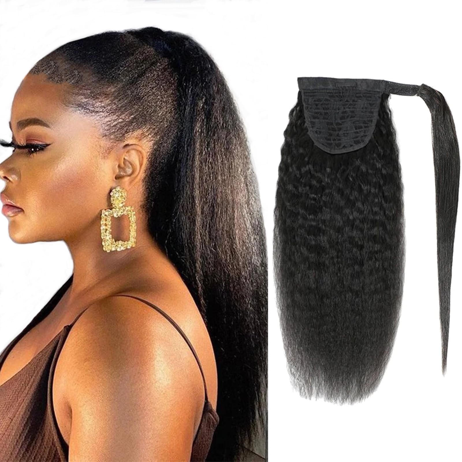 Luovce Ponytail Extension Human Hair Kinky Straight Ponytail Hair Extension 20 inches