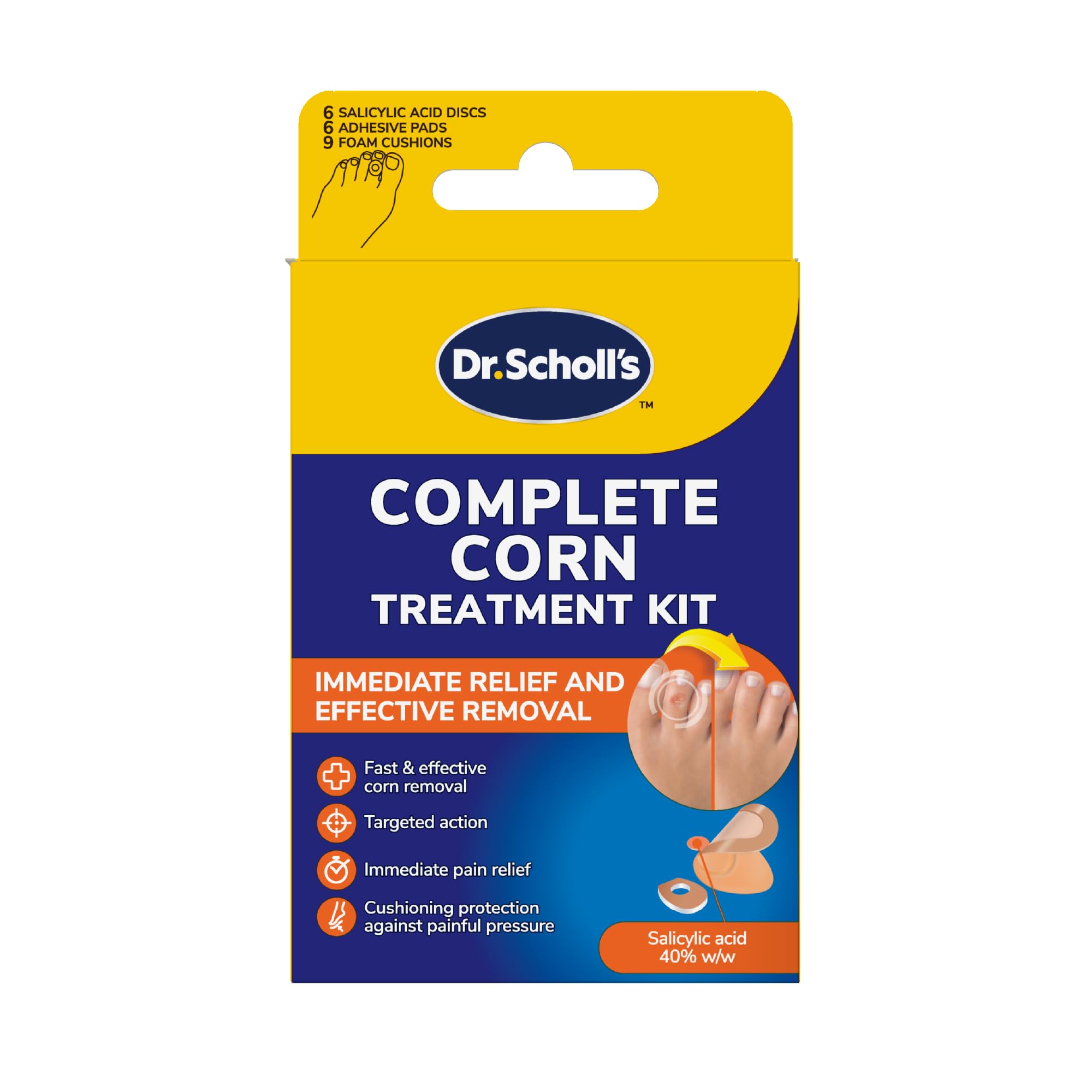 Scholl Complete Corn Removal Treatment Kit, 1 Pack - Medicated Action with Salicylic Acid, Includes 6 Pads, 6 Medicated Discs, and 9 Cushions for Effective Corn Removal