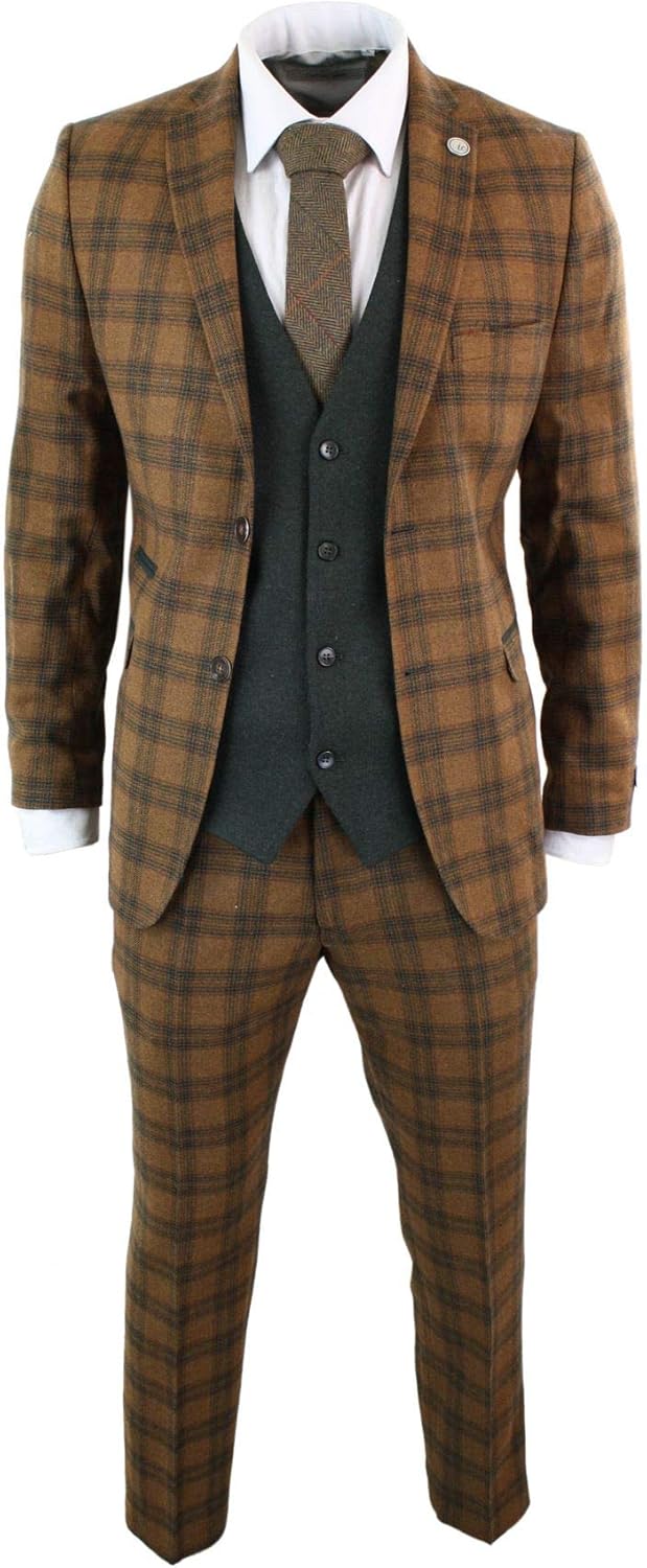 TruClothing - Traje de Lana para Hombre, 3 Piezas, Color café, Verde