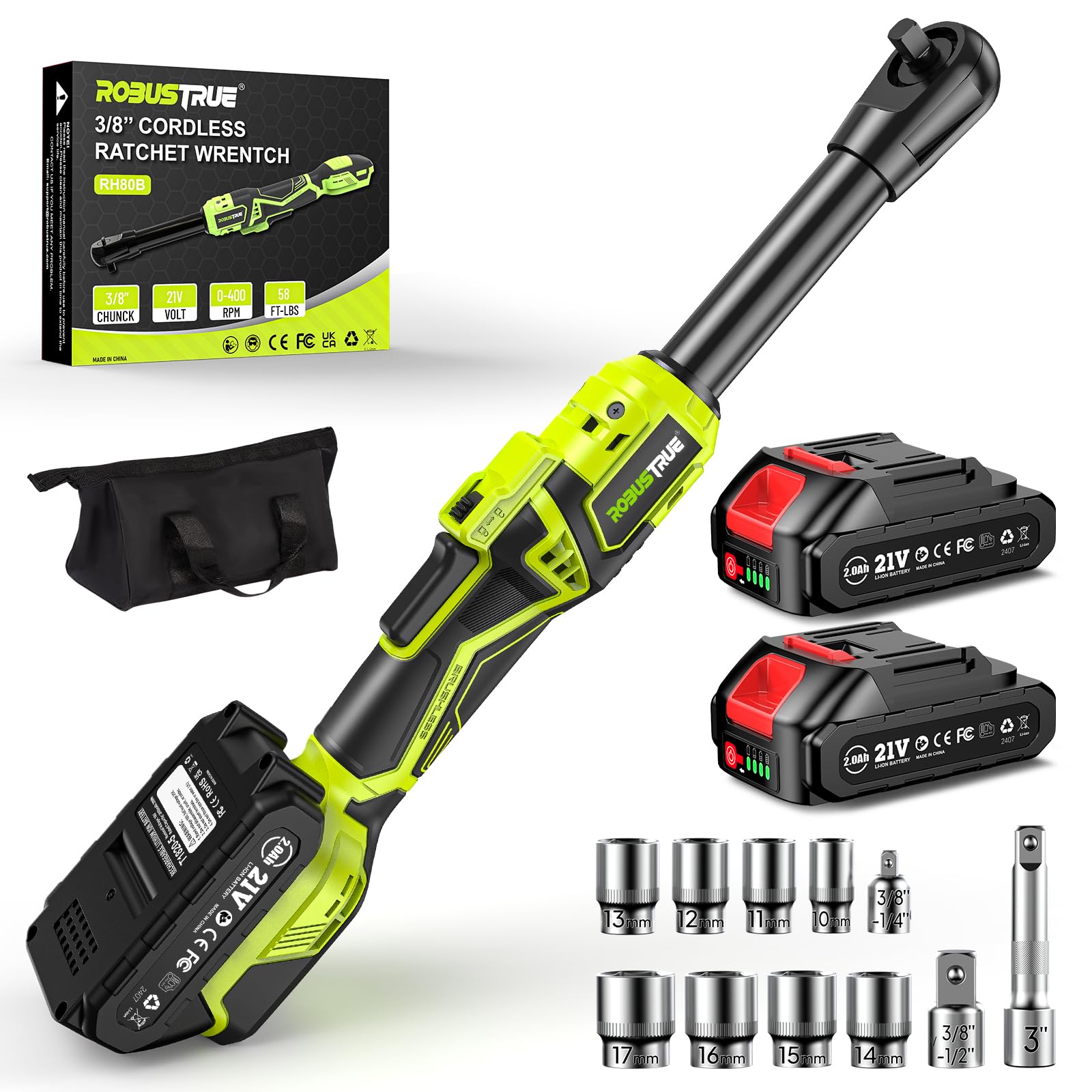 Photo 1 of Robustrue 3/8" Cordless Ratchet Wrench: 58Ft-lbs (80N.m) 400RPM Light Weight Electric Ratchet, 6'' Extended Neck, 2 x2.0Ah Battery, 8 Sockets, 3" Extension Bar, LED Light (RH80B)