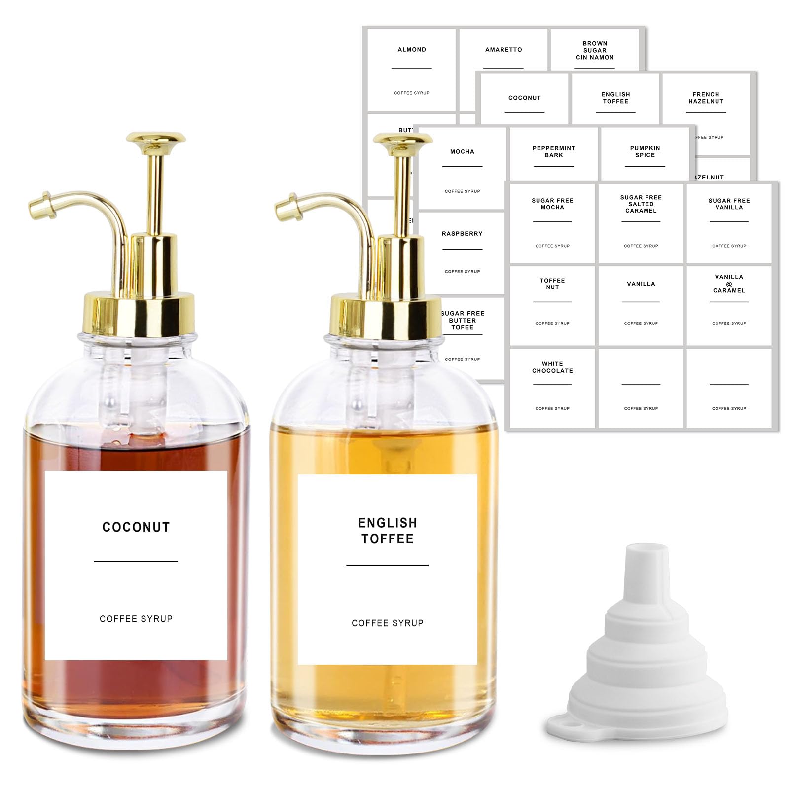 Coffee Syrup Dispenser,500ml/16.9 oz Glass Syrup Dispenser Bottle,Honey Dispenser with 36 Waterproof Labels and Funnel&Pump for Kitchen Coffee Bar Accessories(Gold,2pack)