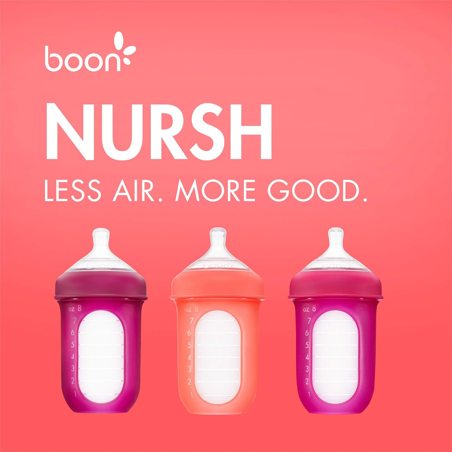 Boon, NURSH Reusable Silicone Pouch Bottle, Air-Free Feeding, 8 Ounce with Stage 2 Medium Flow Nipple (Pack of 3) : Baby