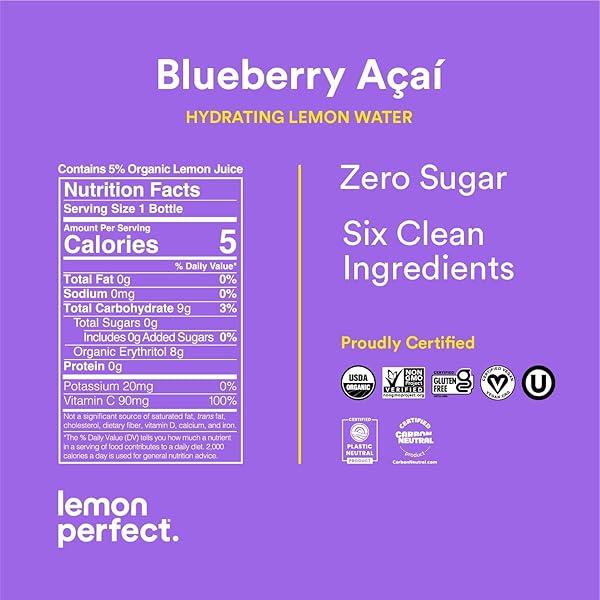 LEMON PERFECT, HYDRATING ORGANIC LEMON WATER, ZERO SUGAR, FLAVORED WATER, SQUEEZED FROM REAL FRUIT, PLASTIC NEUTRAL, NO ARTIFICIAL INGREDIENTS, BLUEBERRY ACAI (12OZ BOTTLES) 12PK
