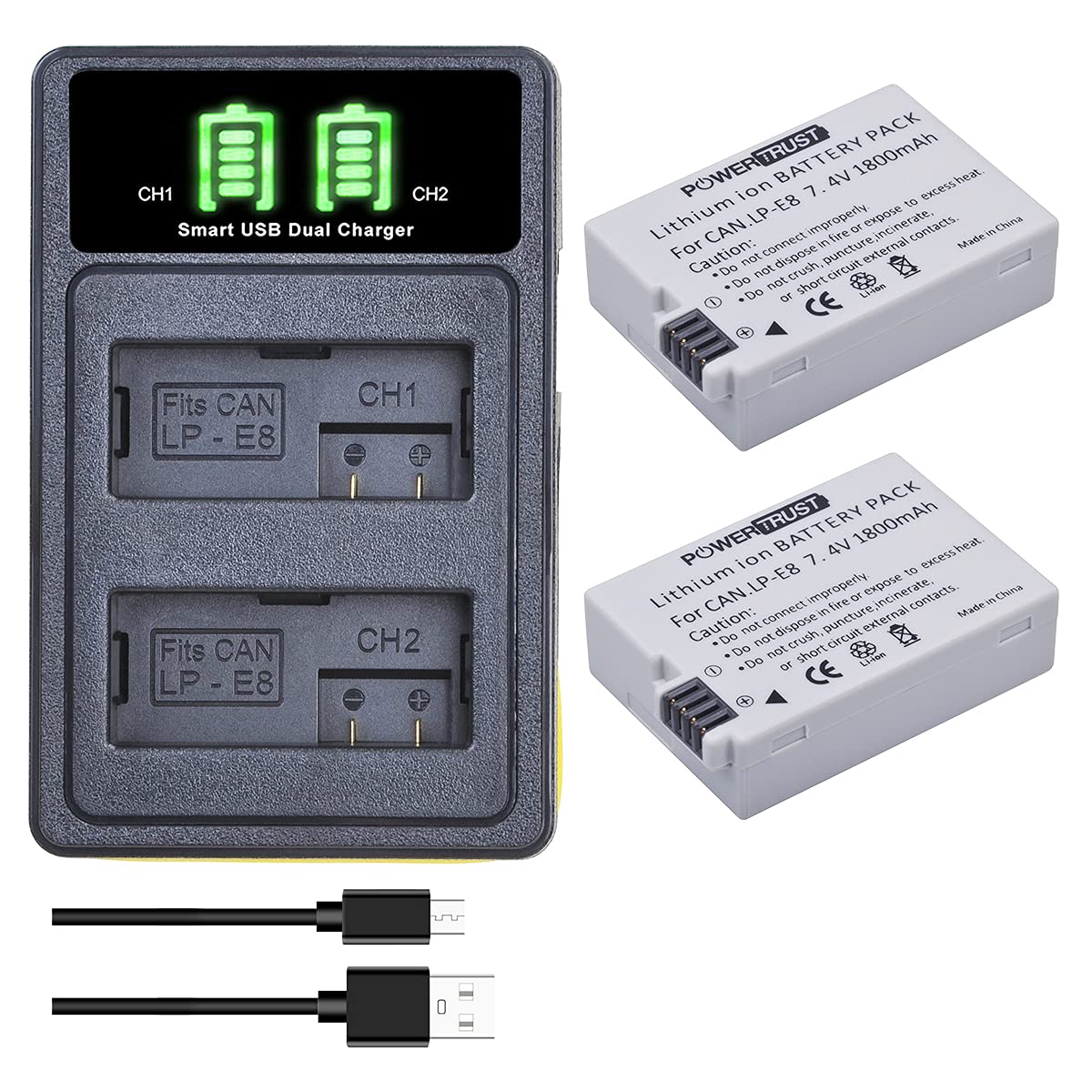 PowerTrust 2Pcs LP-E8 Battery and LED USB Dual Charger Compatible with Canon EOS Rebel T2i, T3i, T4i, T5i, EOS 700D, 550D, 600D, 650D, Kiss X4, X5, Kiss X6, LC-E8E Digital Camera