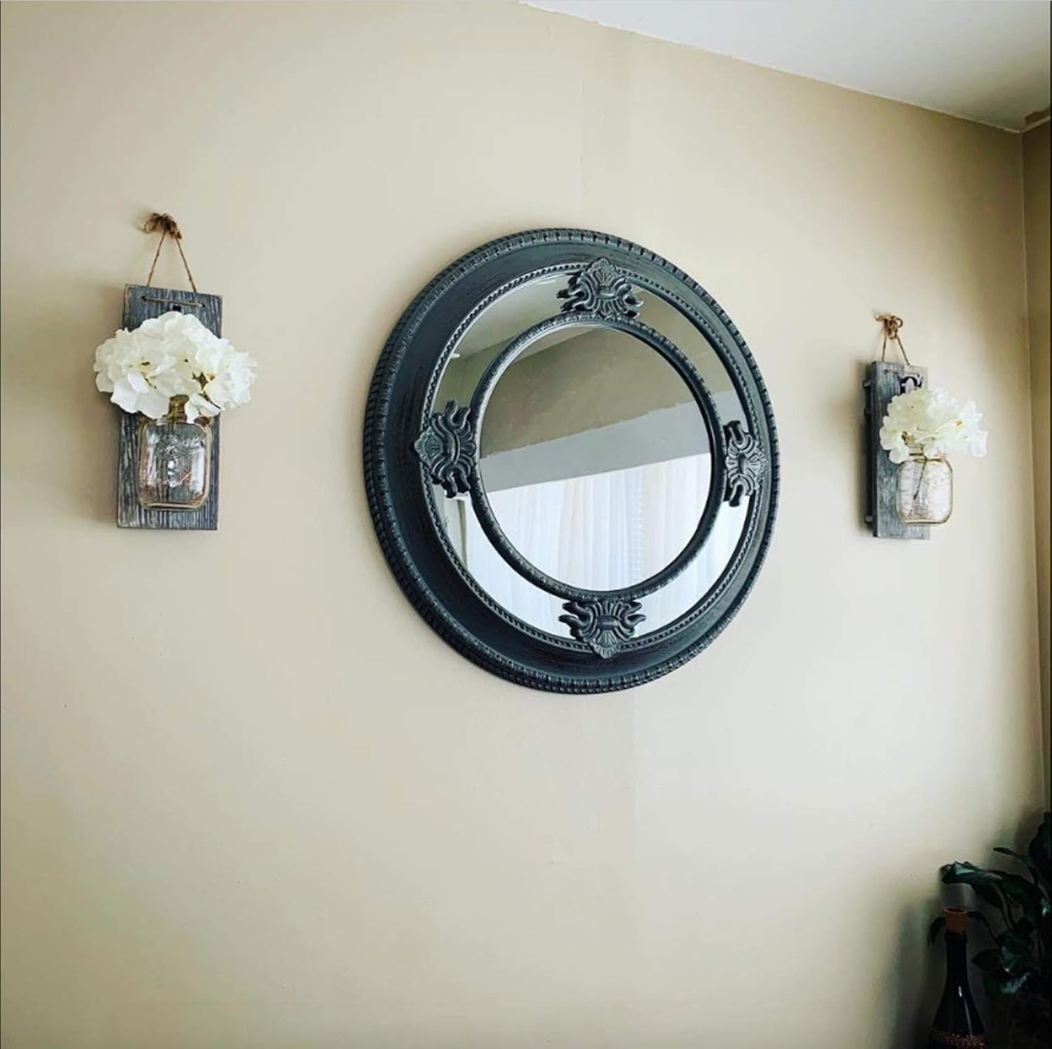 HOMKO Decorative Mason Jar Wall Decor - Rustic Wall Sconces with 6-Hour Timer LED Fairy Lights and Flowers - Farmhouse Home Decor (Set of 2): Home & Kitchen