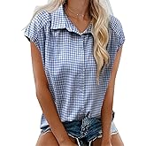 ebossy Women's Casual Retro Cap Sleeve Button Down Plaid Gingham Cotton Shirt Tops
