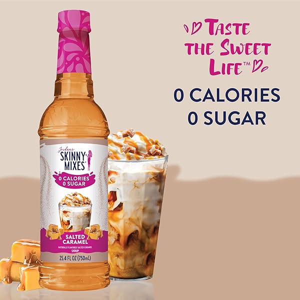 JORDAN’S SKINNY SYRUPS SUGAR FREE COFFEE SYRUP, SALTED CARAMEL FLAVOR DRINK MIX, ZERO CALORIE FLAVORING FOR CHAI LATTE, PROTEIN SHAKE, FOOD & MORE, GLUTEN FREE, KETO FRIENDLY, 25.4 FL OZ, (PACK OF 1)