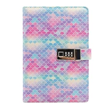 A5 Glitzer Meerjungfrau Password Notebook mit Zahlenschloss PU Reisetagebuch Tagebuch Schreibplaner Notizblock 80 Blatt 160 S