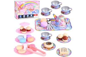 FUQUN 42Pcs Tea Set for Little Girls, Unicorn Castle Pretend Play Tin Teapot Set, Kids Party Set Toys with Teapot Dishes & Dessert for Girls, Gifts for 3-6 Year Old Girls, Princess Tea Party Play Toy