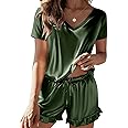 Ekouaer Satin Pajamas for Women Short Sleeve Silk Sleepwear 2 Piece Pjs Set with Ruffled Shorts Casual Loungewear