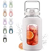 WINSA 84oz Glass Water Bottle with Stainless Steel Handle,2.5L Gallon Water Bottle with 2-IN-1 Straw Lid, Silicone Sleeve and Motivational Capacity Marker, Wide Mouth Water Jug For Gym, Workout, White