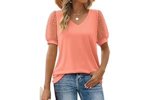 Aokosor Womens Summer Tops V Neck T Shirts Swiss Dot Puff Sleeve Tops Loose Casual Tshirts