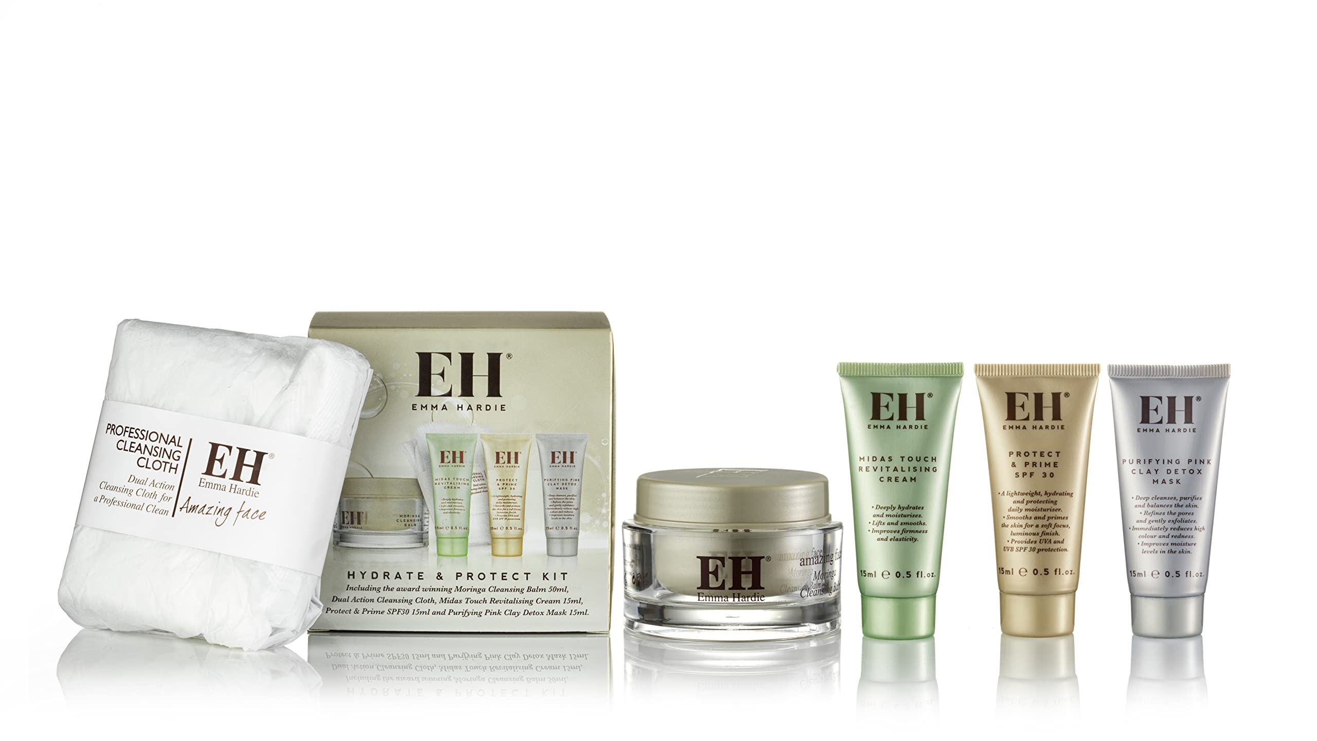 Emma Hardie Hydrate & Protect Gift Set: Moringa Cleansing Balm 50ml, Midas Touch Cream 15ml, Protect & Prime SPF30 Cream 15ml, Pink Clay Detox Mask & Cleansing Cloth