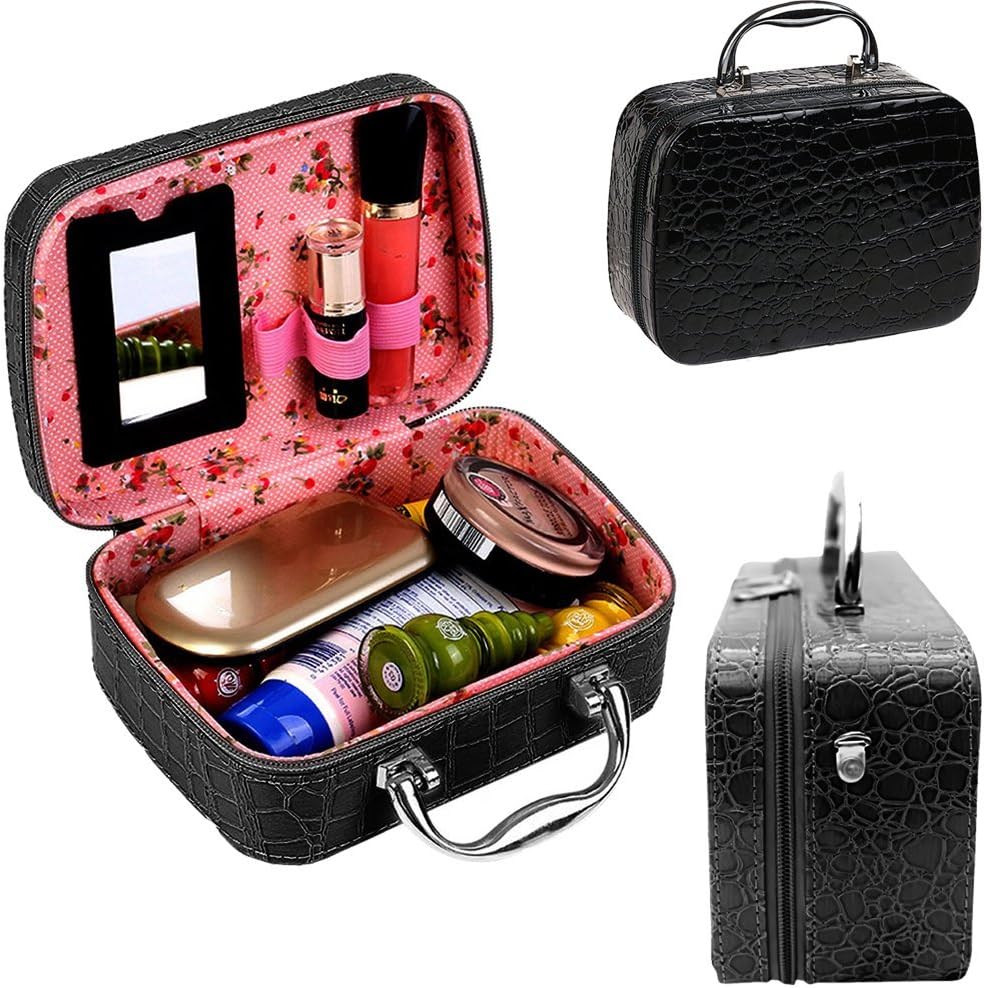 Keton Travel Cosmetic Make-Up Bag With Adjustable Dividers for Cosmetics Makeup Brushes,Jewelry Cases Necklace Storage Box and Small Mirror (Multi Color)