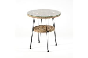 Muse & Lounge Co. Ysar Boho 19-inch Round Coffee Table Outdoor with Tempered Glass Top and Metal Frame, Handcrafted Coastal Furniture for Patio, Poolside, Garden, Yard, Natural/19 in