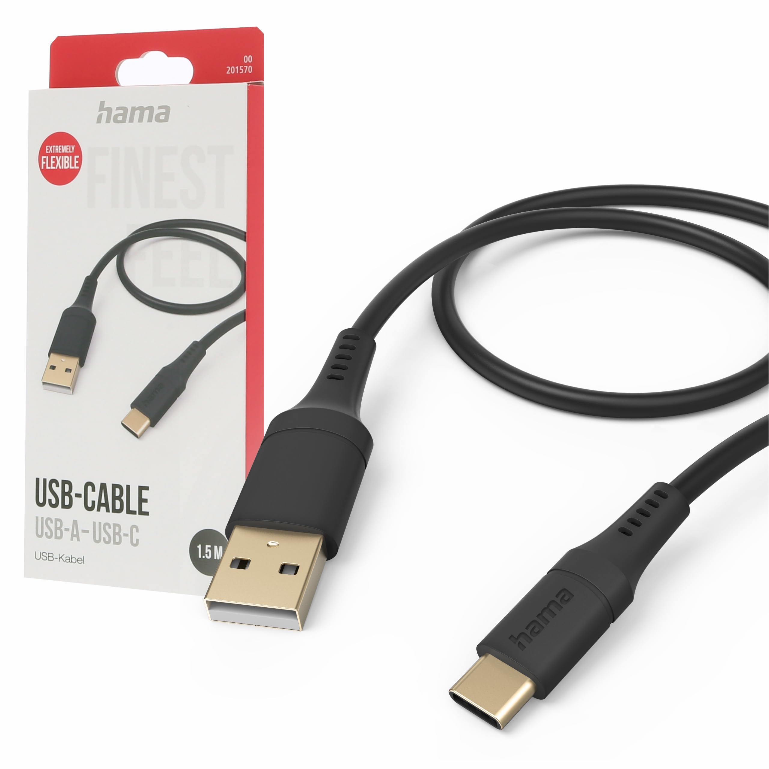 Hama 1.5m USB A to USB-C Flexible Silicone Charging Cable Black