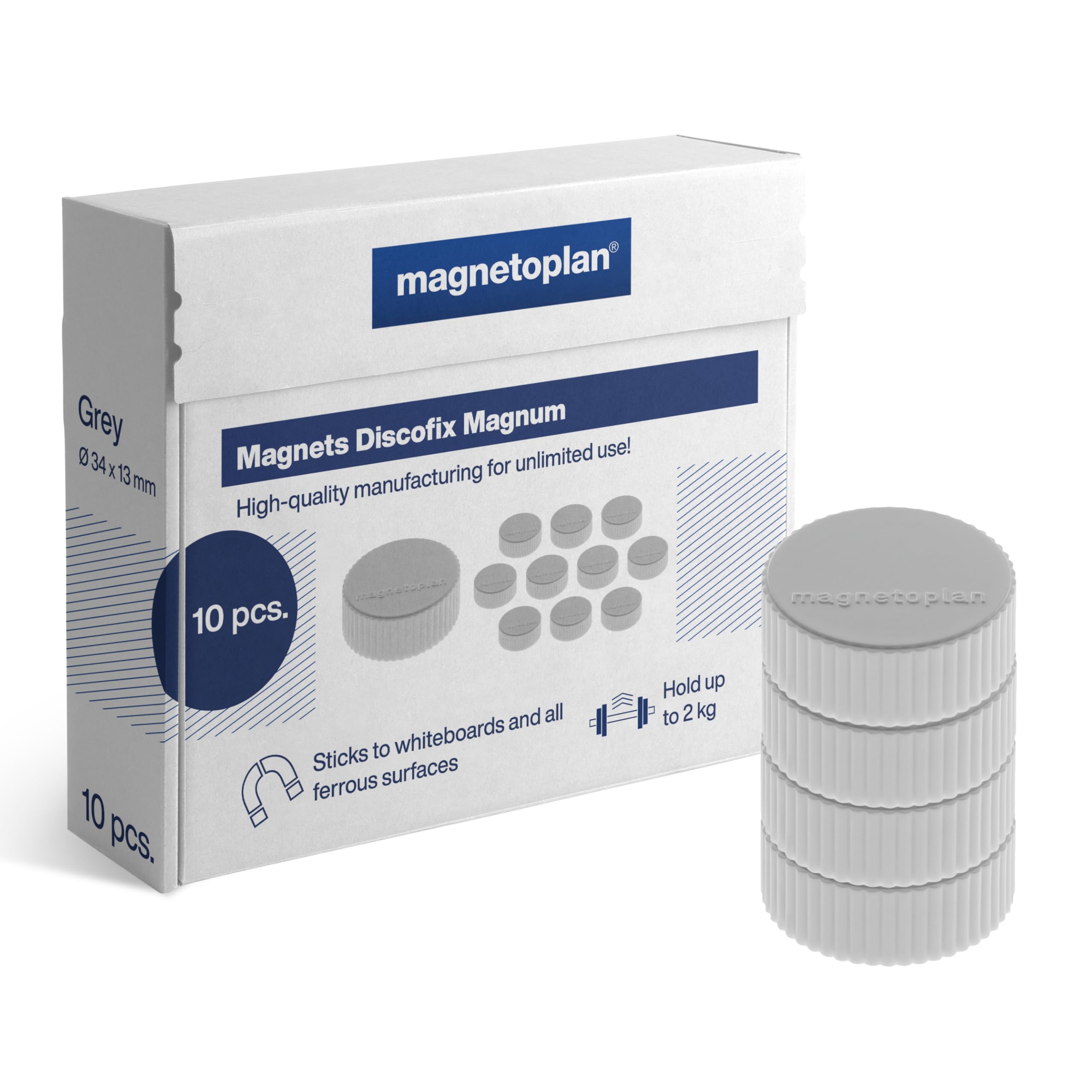 magnetoplan Premium Magnete Discofix magnum | ØxH 34x13mm | 10 Stück, grau | Haftkraft: 2 kg | Magnete für Magnettafeln und Whiteboards | Kratzfreie Spezialbeschichtung | Leicht abnehmbar